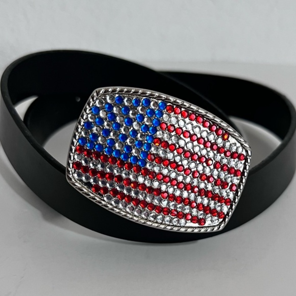 Rhinestone USA American Flag Buckle with Black Leather Belt Medium